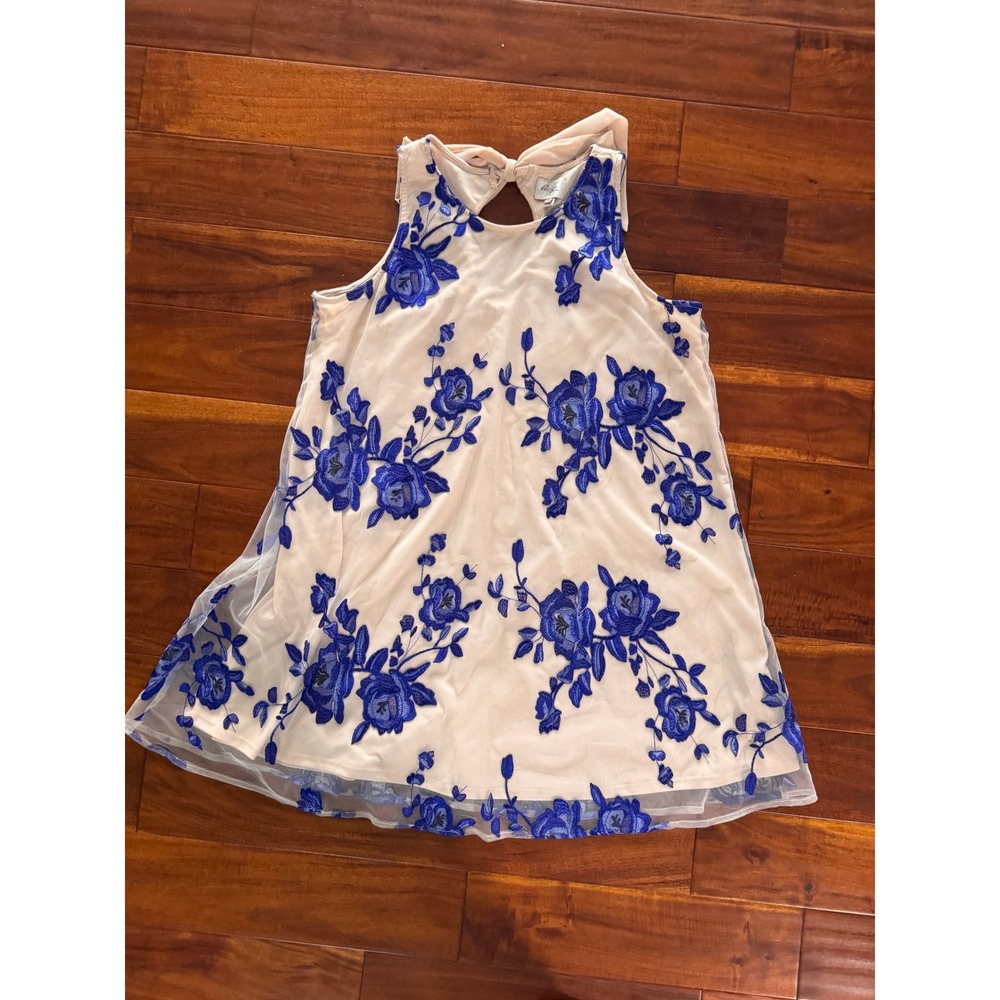 Beige by ECI Womens XL Mini dress Blue Floral Embroider Mesh Sleeveless Bow Back